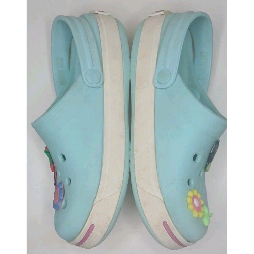 Crocs Kids Girls Sz C 12/13 Aqua Blue /Pink White w Charms Flowers Butterflies - Picture 6 of 16